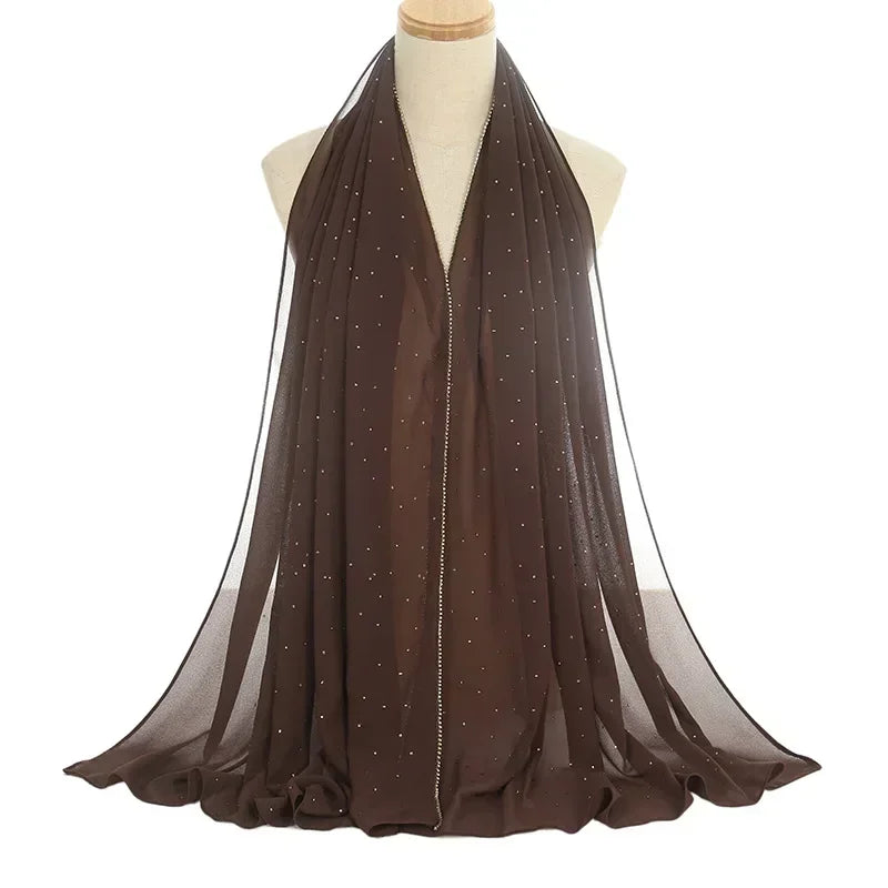 Tudung Chiffon untuk Selendang Muslim Fesyen Berlian Imitasi Wanita dan Balut Zip Polos Stretchy Serban Tudung Ramadan Wanita Muslimah