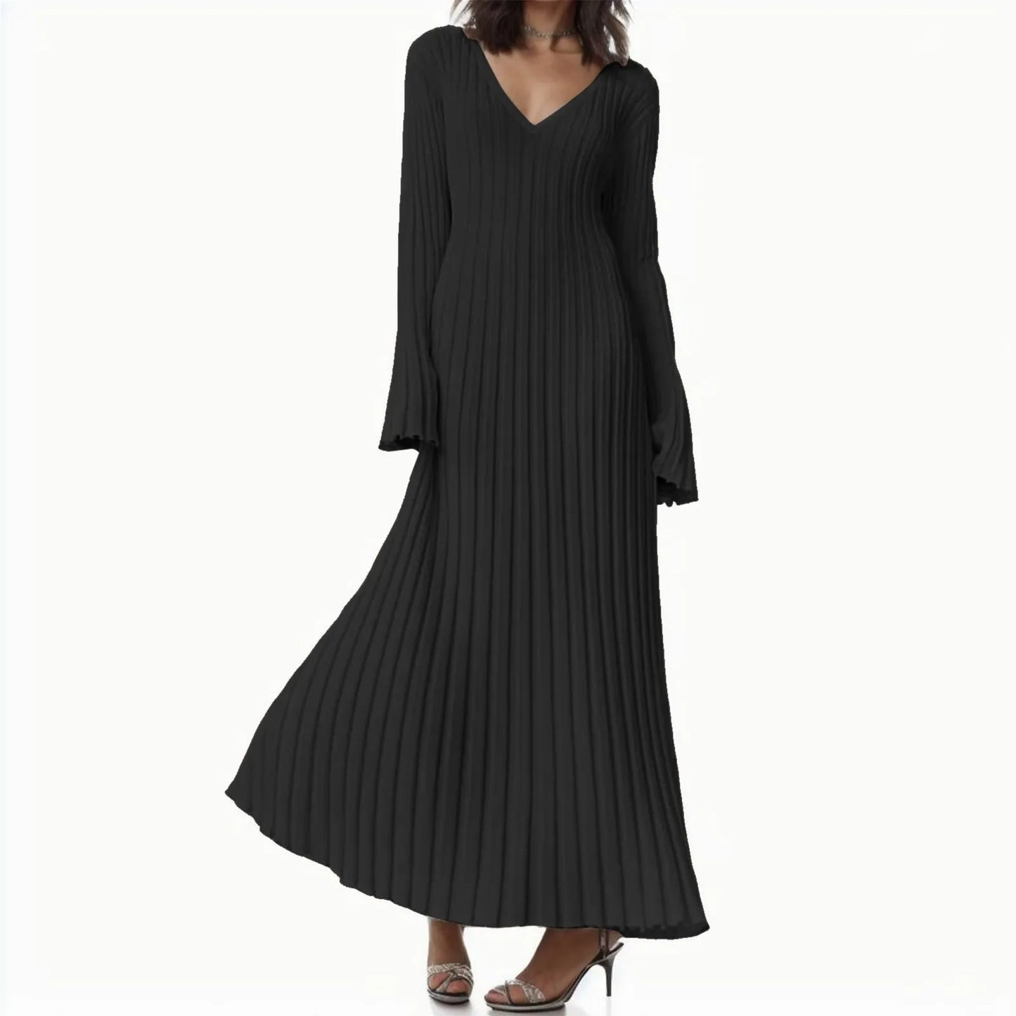 Sweater Berkait Pakaian Panjang Wanita Musim Gugur Musim Sejuk Warna Pepejal Fesyen Pakaian Kasual Lurus Longgar Lengan Panjang V-leher