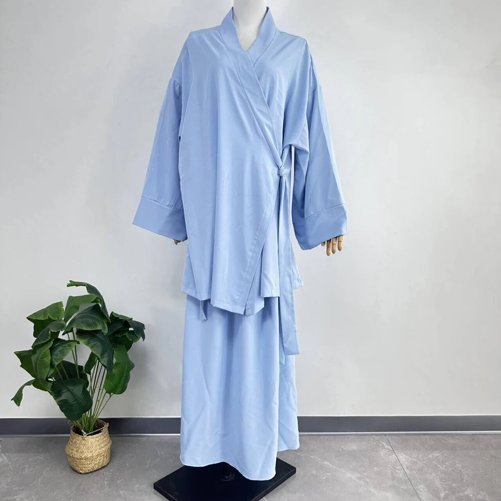 Nida Co Ord Set Kimono dengan Tali Skirt Ramadan Aidilfitri Pakaian Islam 2 Helai Set Wanita Muslimah Pakaian Sederhana Ensembles Musulman