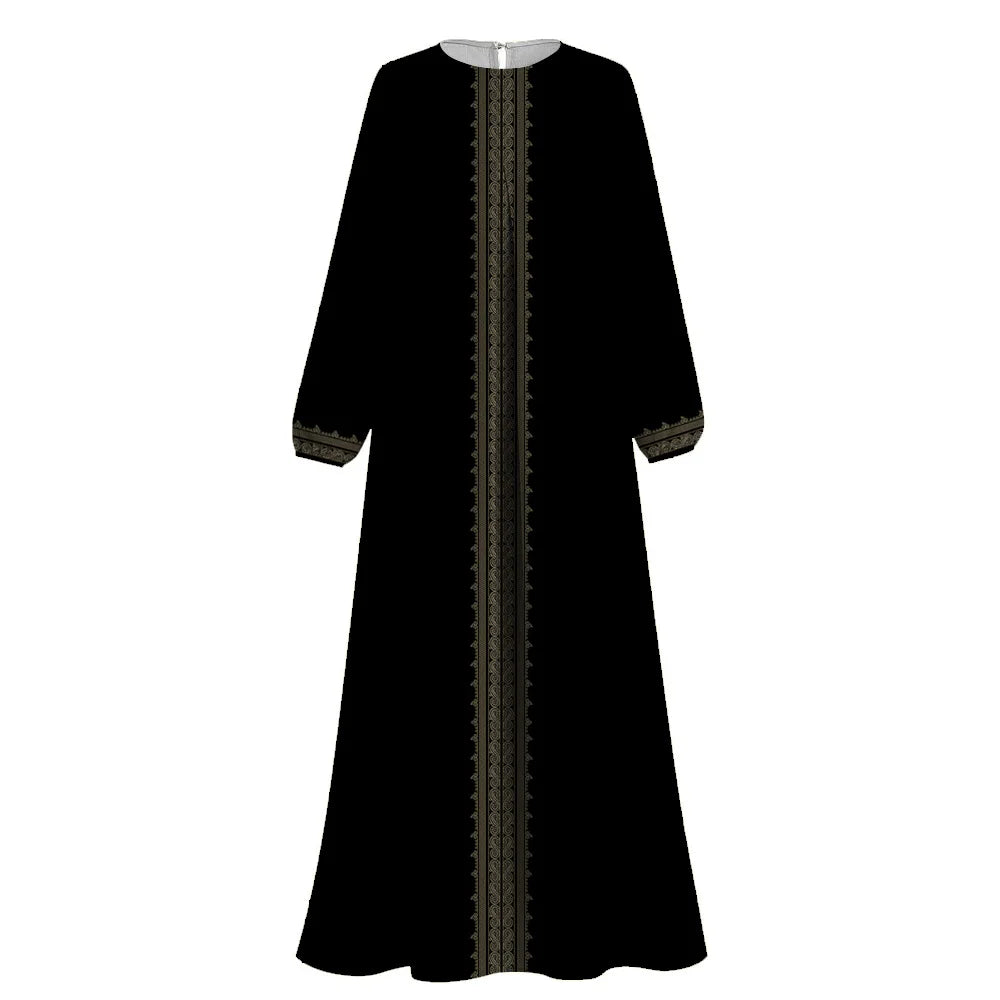 Abaya Biru Sederhana Wanita Cetak Etnik Lengan Panjang Islam Abaya Muslim O-Neck Pakaian Muslim Femme Dubai Turki Kaftan Arab Jubah