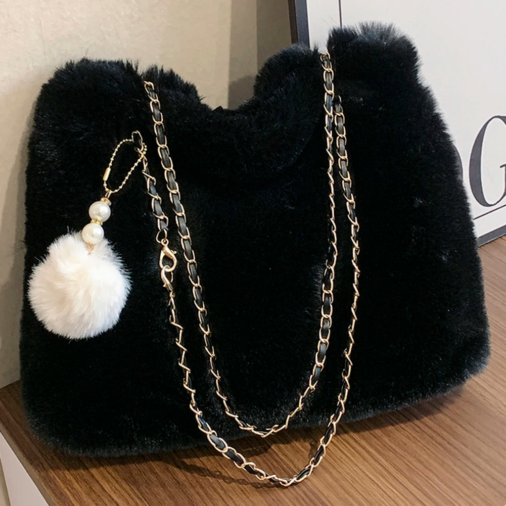 Women Fluffy Crosssbody Bag Soft Plush Satchel Bag Faux Fur with Pendant Large Capacity Female Fashion Travel Bag