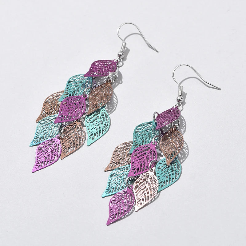 Vintage Hollow Leaves Drop Earrings for Women Bohemian Colorful Long Dangle Earrings 2024 Fashion Jewelry boucle oreille femme