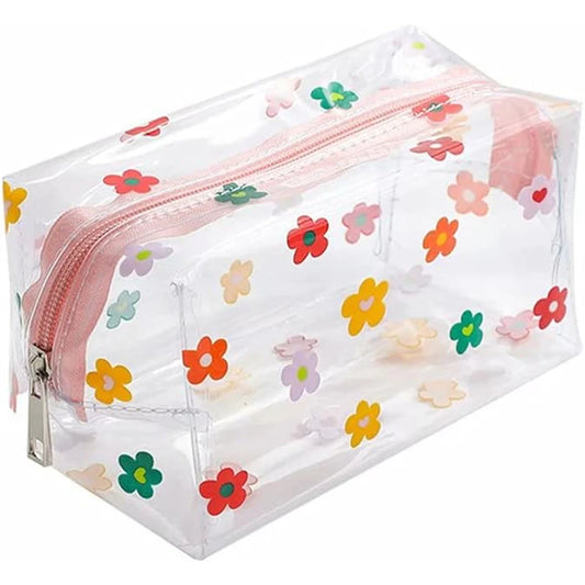 Fashionable Flower Print Transparent Cosmetic Pouch - Water-Resistant Makeup & Pencil Bag - Durable Clear PVC, Compact