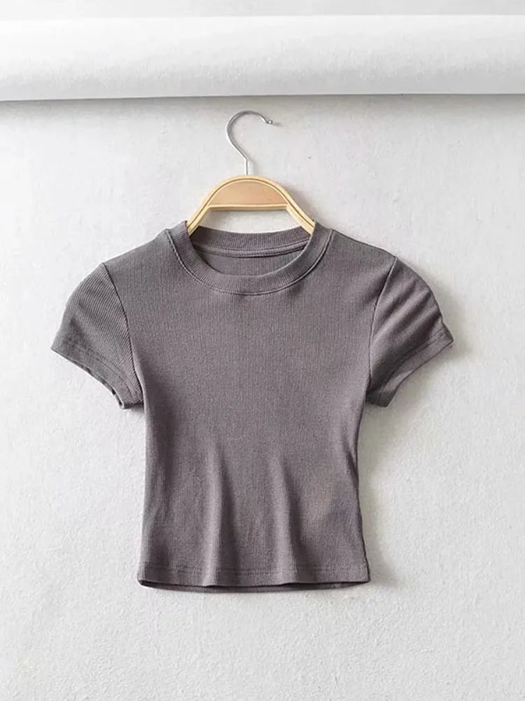 Musim Panas Wanita Seksi O-leher lengan pendek T-shirt Slim Elastik Kurus Atasan Tanaman