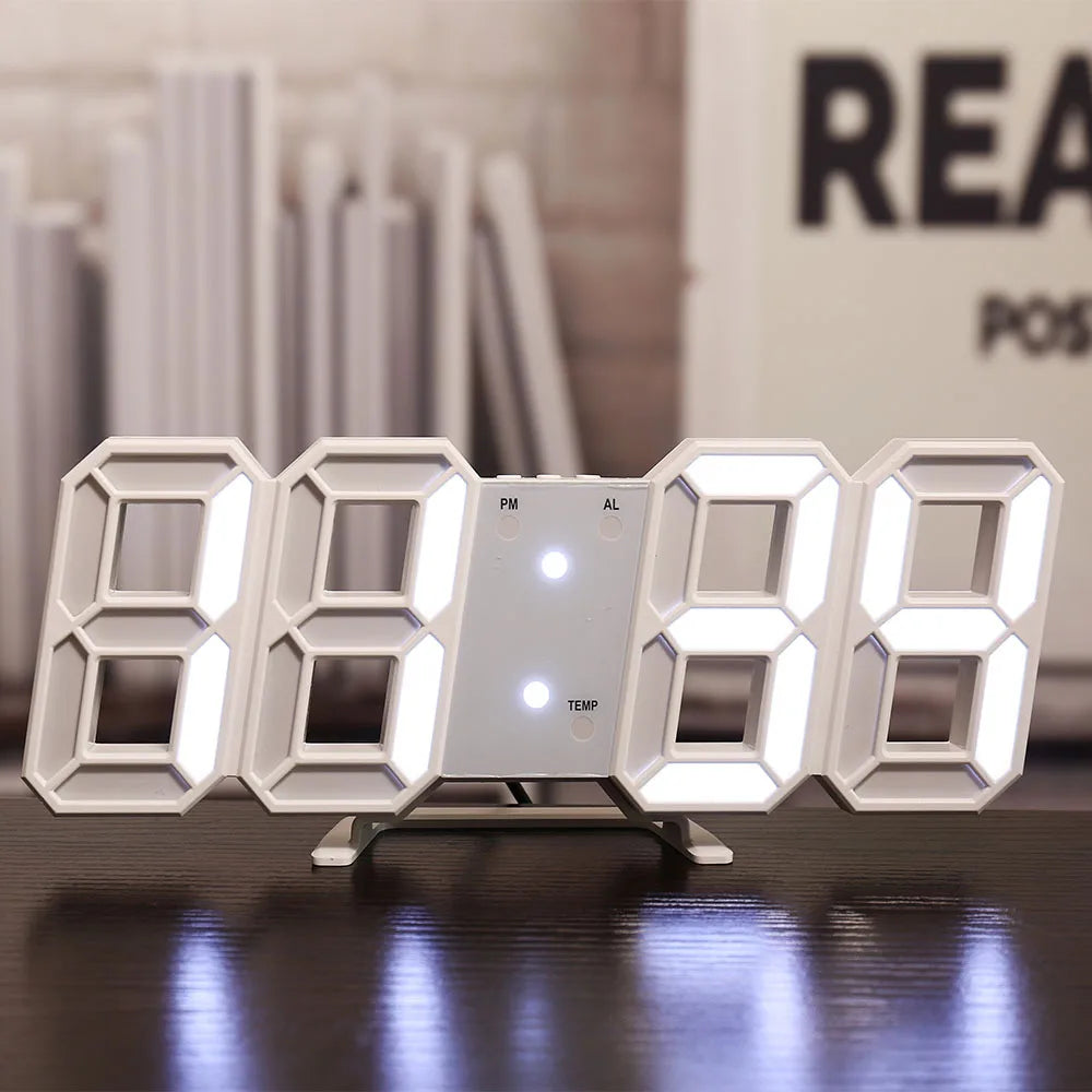 Jam Dinding Digital LED Penggera Tarikh Suhu Lampu Latar Automatik Meja Desktop Hiasan Rumah Stand gantung Jam Tiada Bateri