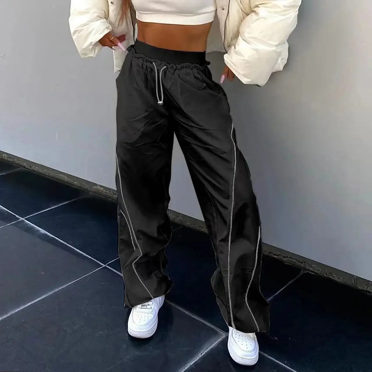 Seluar Hitam untuk Wanita Fesyen Putih Lurus Lebar Kaki Seluar Wanita Longgar Seluar Panjang Wanita Y2K Seluar Kargo Musim Panas Streetwear
