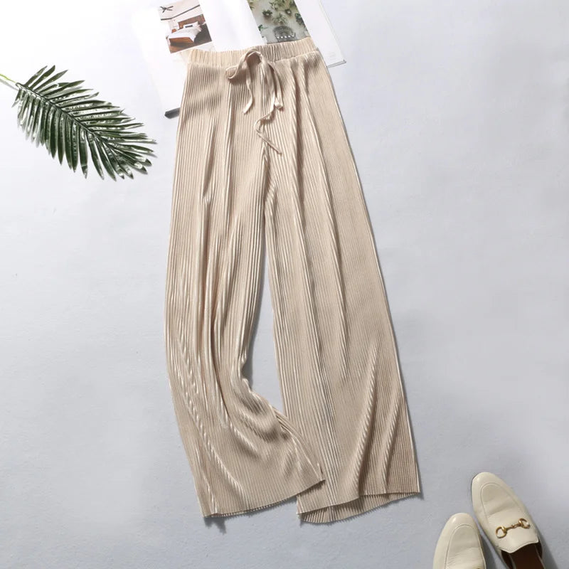 Musim Bunga dan Musim Panas Seluar Kaki Lebar Berlipat Baru Pinggang Tinggi Gantung Seluar Kasual Longgar Chiffon Ice Silk Seluar Sembilan minit