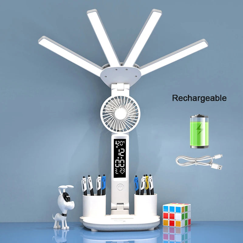 Lampu Meja Boleh Dicas semula untuk Belajar, Lampu Baca Lampu Meja Lampu Meja Dipimpin dengan Kipas, Lampu Baca Dispaly Jam Dipimpin