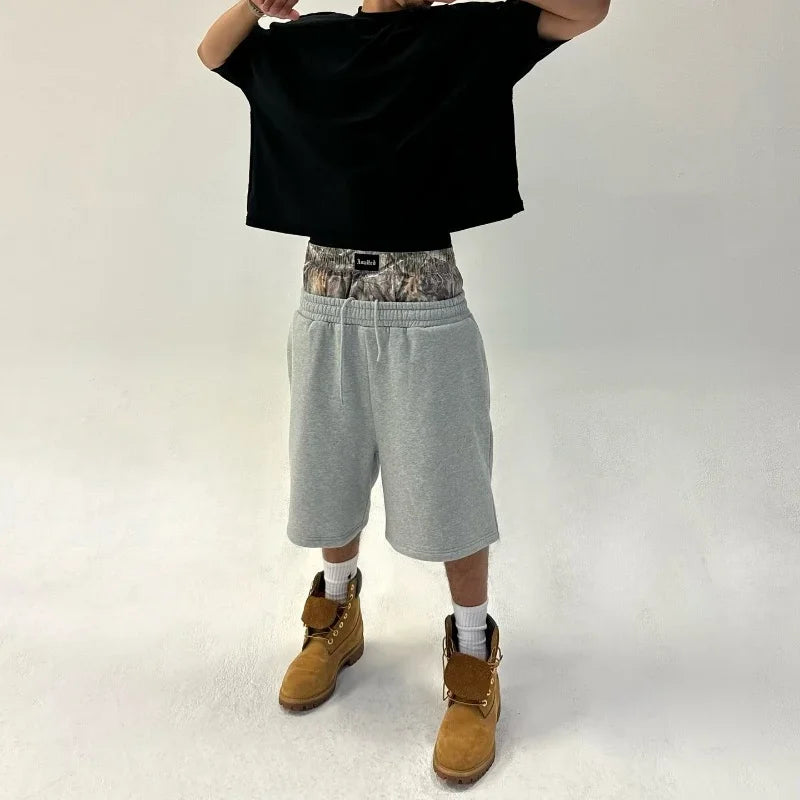 Seluar Pendek Retro Y2K Corak Penyamaran Pinggang Dua Bersulam Pakaian Jalanan Lelaki Wanita Harajuku Hip Hop Kasual Boxer Seluar Pendek Sukan