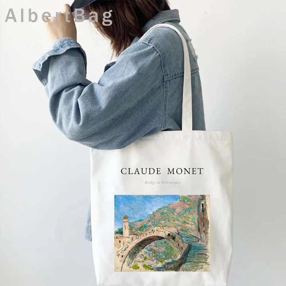 Claude Monet Water Lilies Landscape Watercolor Paintings Shopper Canvas Tote Bag Harajuku Women Shoulder Bag Girl Cotton Handbag