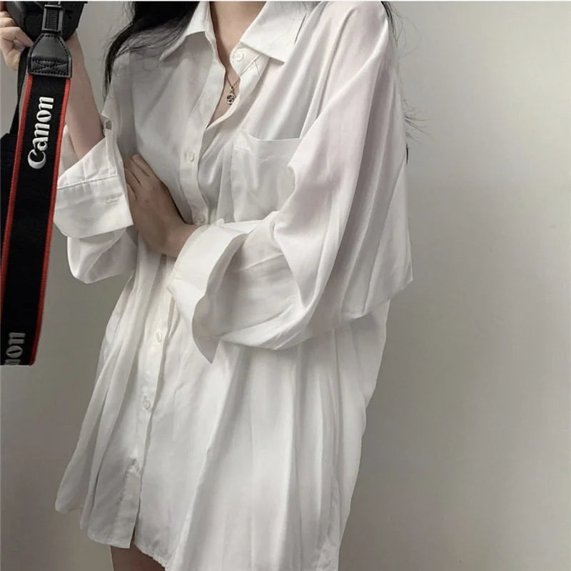 Kemeja Blaus Panjang Gaya Musim Semi Musim Panas Wanita Gaya Korea Longgar Lengan Panjang Warna Pejal Cardigan Blusas Atasan DF4914