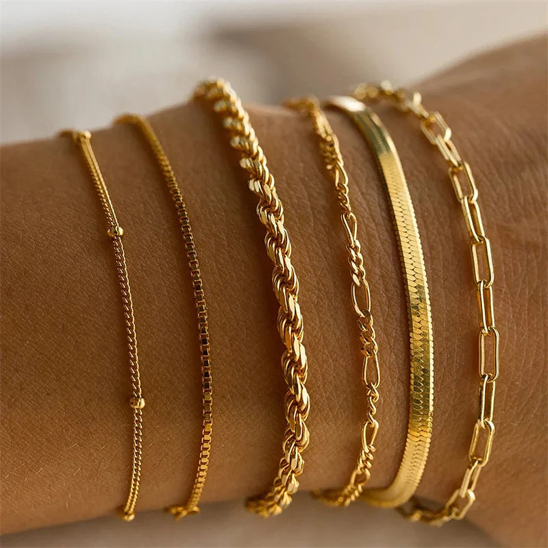 6Pcs/Set Fashion Thick Chain Link Bracelets Set For Women Gold Color Silver Color Metal Snake Chain Twist Bracelet Punk Jewelry