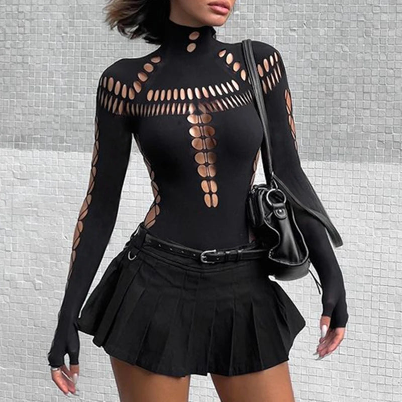 WhereMery Solid Berongga Keluar Baju Kolar Tinggi Bodycon Seksi Lengan Panjang Kurus Baju T Wanita Gothic Punk Streetwear Pakaian Badan