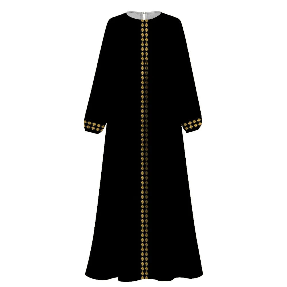 Abaya Biru Sederhana Wanita Cetak Etnik Lengan Panjang Islam Abaya Muslim O-Neck Pakaian Muslim Femme Dubai Turki Kaftan Arab Jubah