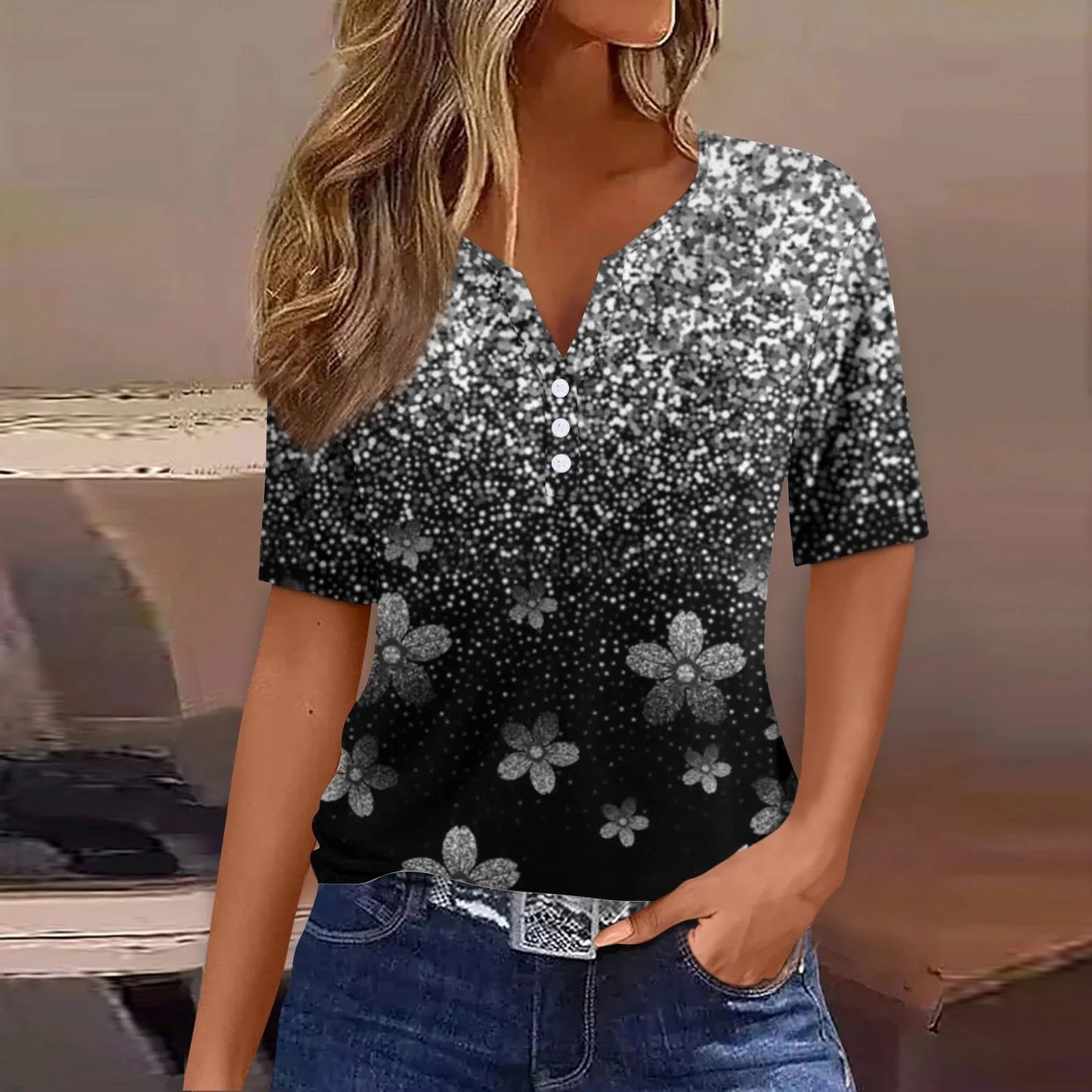 2024 Wanita Musim Panas Kasual T-shirt Fesyen Bercetak Harajuku Top Tees Streetwear Butang Asas Lengan Pendek V-Neck Tops Plus Saiz