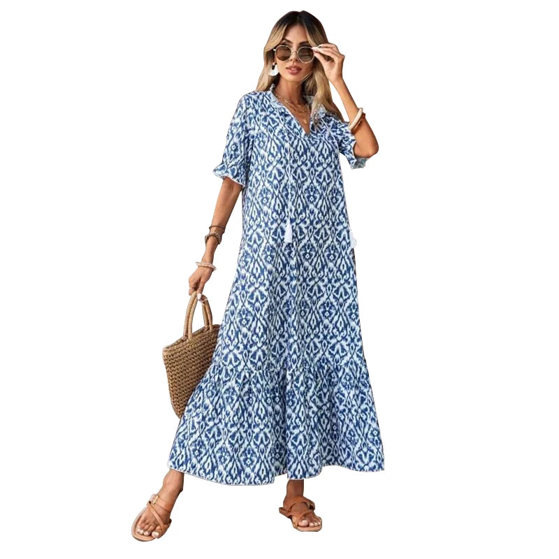 2024 Sping Musim Panas Boho Wanita Maxi Gaun Kasual Lengan Pendek A-line Floun Pantai Gaun Chiffon Wanita Floral Vestidoes Mujer