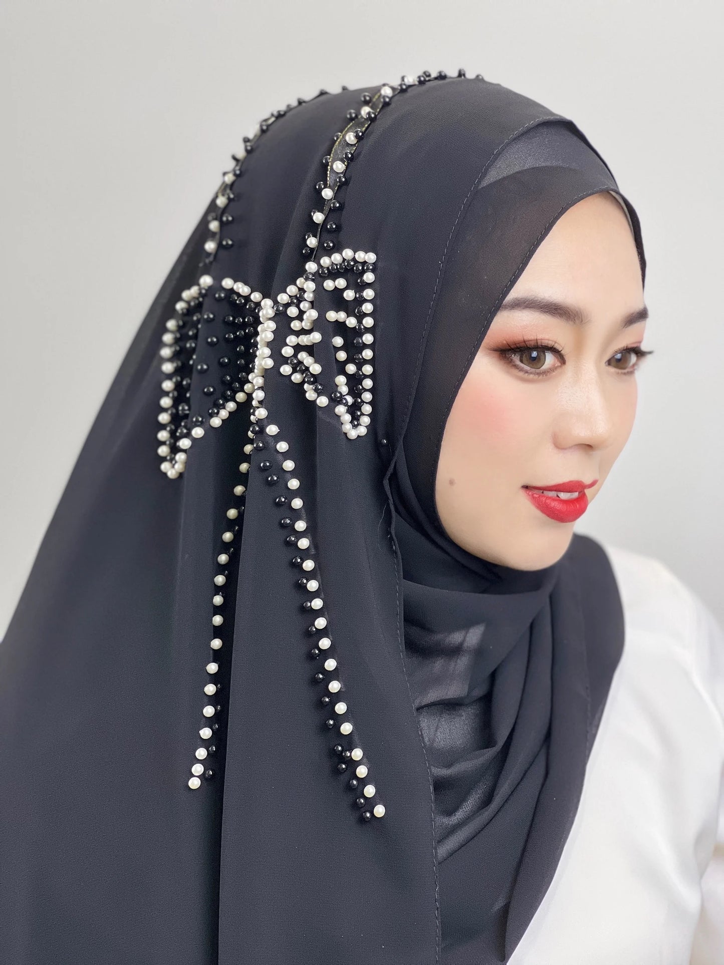 Muslim Big Bow Hijab Beaded Hijab Hantar Hiasan Arab Hijab Wanita Hijab Berkilat Lembut Mudah Dipakai Hijab Turkey Head Wrap Scarf