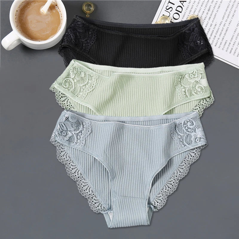 3Pcs/set Women's Cotton Panties M-2XL Women Patchwork Lace Underwear Sexy Low Waist Briefs Ladies Comfortable Underpants 2022