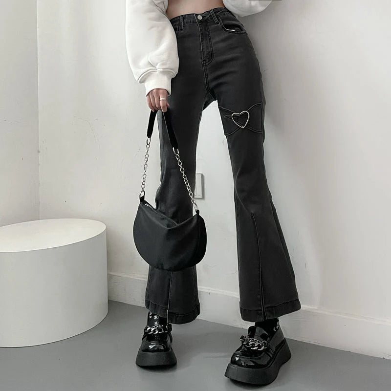 Jeans untuk Wanita Vintage Black Denim Flare Seluar Streetwear Pinggang Tinggi Slim Mom Seluar Harajuku Y2K