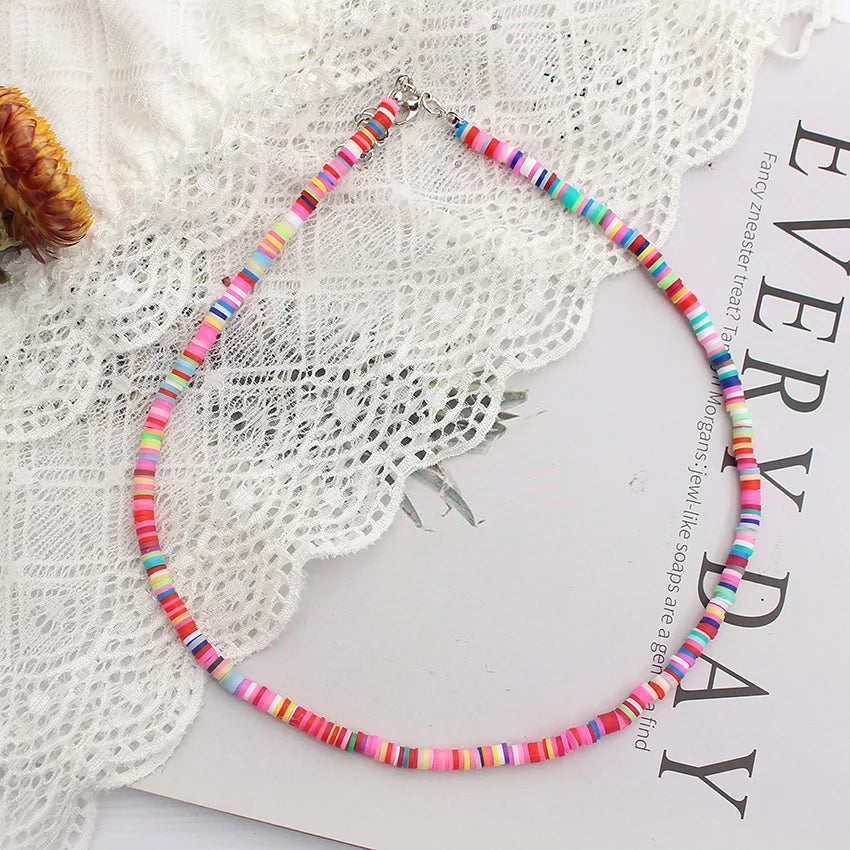 Kalung Manik Berwarna-warni Wanita Musim Panas Korea Buatan Tangan Fesyen Boho Polimer Tanah Liat Choker Loket Leher Kolar Barang Kemas Pantai Wanita