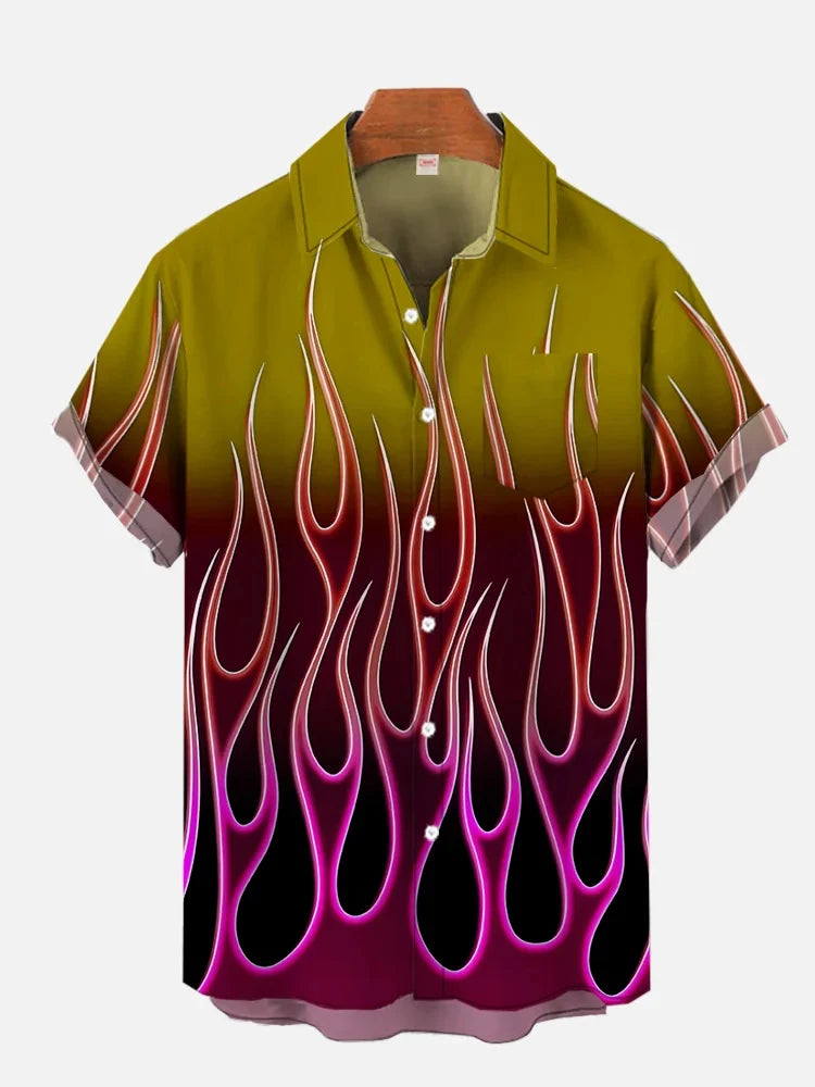2024 Summer New Black and Gray Burning Flame Printed Short Sleeve Shirt Retro Fashion Street Men's Lapel Button Shirt