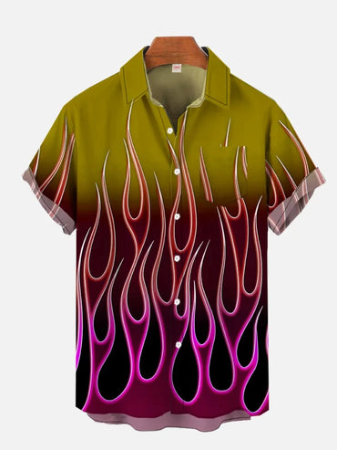 2024 Summer New Black and Gray Burning Flame Printed Short Sleeve Shirt Retro Fashion Street Men's Lapel Button Shirt