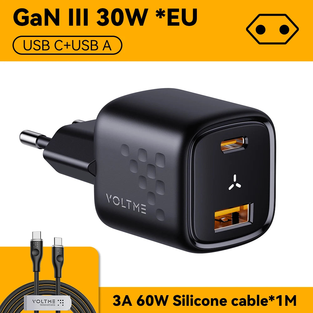 VOLTME USB C Pengecas Pantas 30W Pengecas GaN QC PD 3.0 Penyesuai Mudah Alih Dwi Port Untuk IPhone 13 12 IPad Pengecas Dinding Cepat Xiaomi