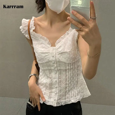 Karrram Korea Fashion Lace T-shirt Grunge Fairycore Korset Tops V-neck Patchwork Y2k Tops Kawaii Puff Sleeve Tee Shirt Vintage