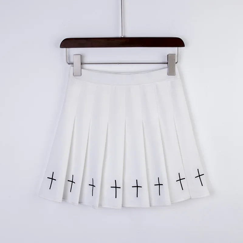 Skirt Mini Pinggang Tinggi Hitam Punk Pleated Vintage Skirt Gothic Streetwear Cross Cetak Skirt Wanita Berlipat Lolita Skirt Harajuku
