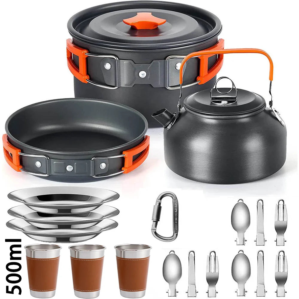 Set Memasak Perkhemahan Alat Memasak Perkhemahan Perjalanan Pinggan Makan Set Berkelah Luaran Teko Untuk 2-3 Periuk Tidak melekat Peaple Set pelbagai jenis