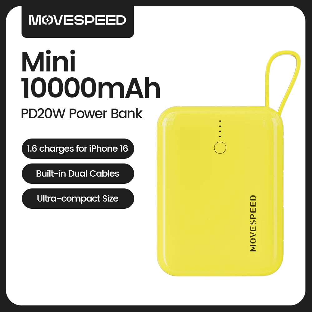 MOVESPEED Q10Plus 20W Power Bank 10000mAh Bateri Luaran Mudah Alih dengan Kabel Cas Cepat Mini Powerbank untuk iPhone 16 Samsung