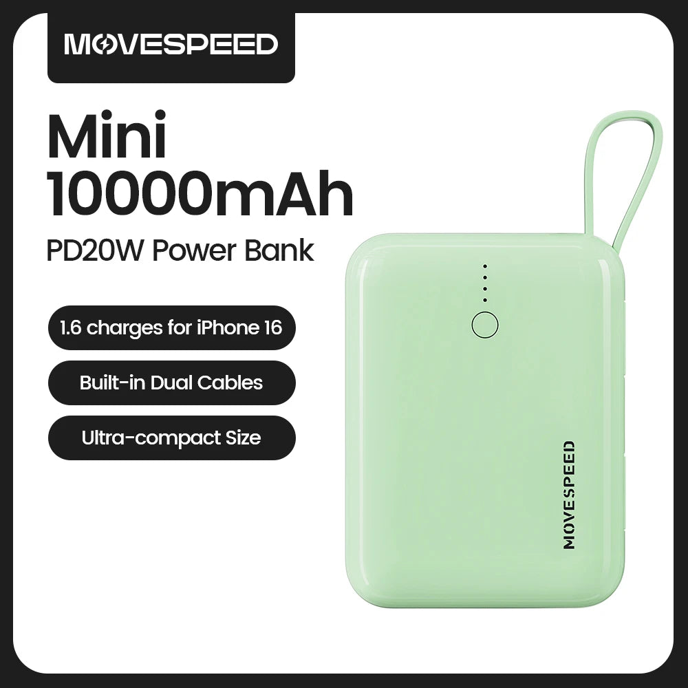 MOVESPEED Q10Plus 20W Power Bank 10000mAh Bateri Luaran Mudah Alih dengan Kabel Cas Cepat Mini Powerbank untuk iPhone 16 Samsung