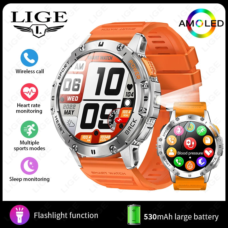 Skrin LIGE AMOLED Jam Tangan Pintar Panggilan Bluetooth Jam Tangan Sukan Luaran Jam Tangan Pintar Lelaki Lampu Suluh Pemantauan Kesihatan Kamera Jauh
