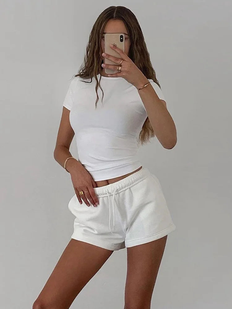 Musim Bunga Baru Kemeja-T Lengan Pendek Wanita Padat Mudah Kasual Lembut Semua Padanan Panas Asas Crop Top Tee Fesyen Musim Panas