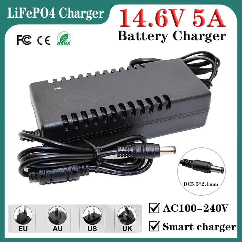 Pengecas LiFePO4 14.6V 5A 4Siri 12V Litium Besi Fosfat Pengecas bateri Pek bateri 12.8V 14.4V Penyesuai Kuasa DC5.5mm*2.1MM
