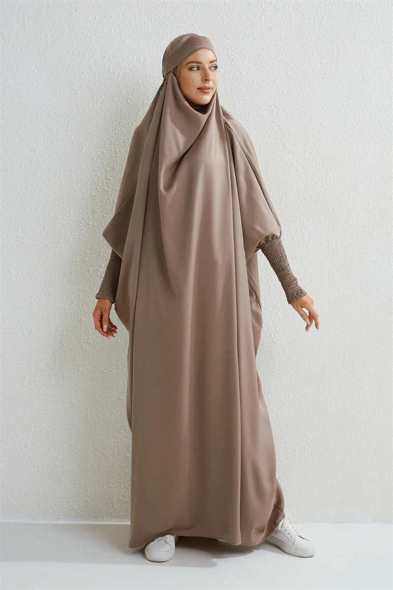 Muslim Abaya Women Jilbab Hooded Smocking Sleeve One-piece Prayer Dress Islamic Clothing Dubai Saudi Black Robe Turkish Modesty