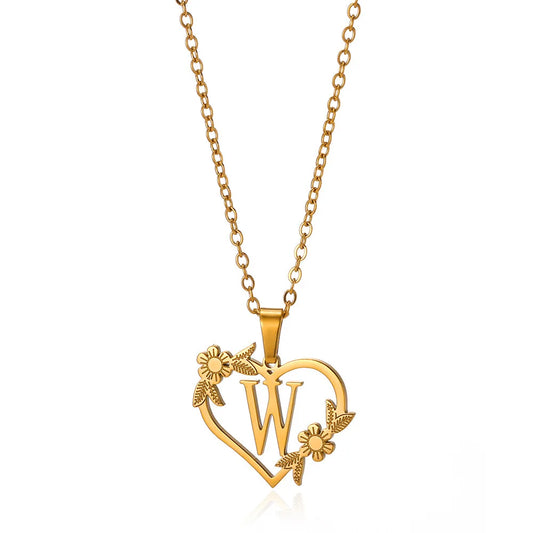 Personalized and Creative 18k Gold Plated Stainless Steel Love Flower Hollow Heart English Letter Necklace