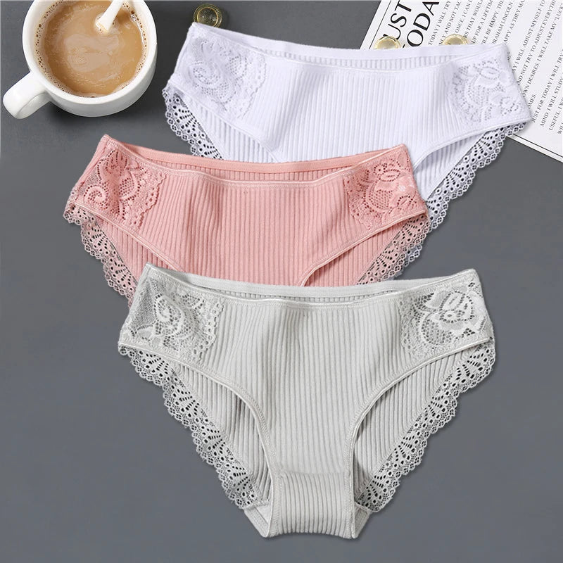 3Pcs/set Women's Cotton Panties M-2XL Women Patchwork Lace Underwear Sexy Low Waist Briefs Ladies Comfortable Underpants 2022