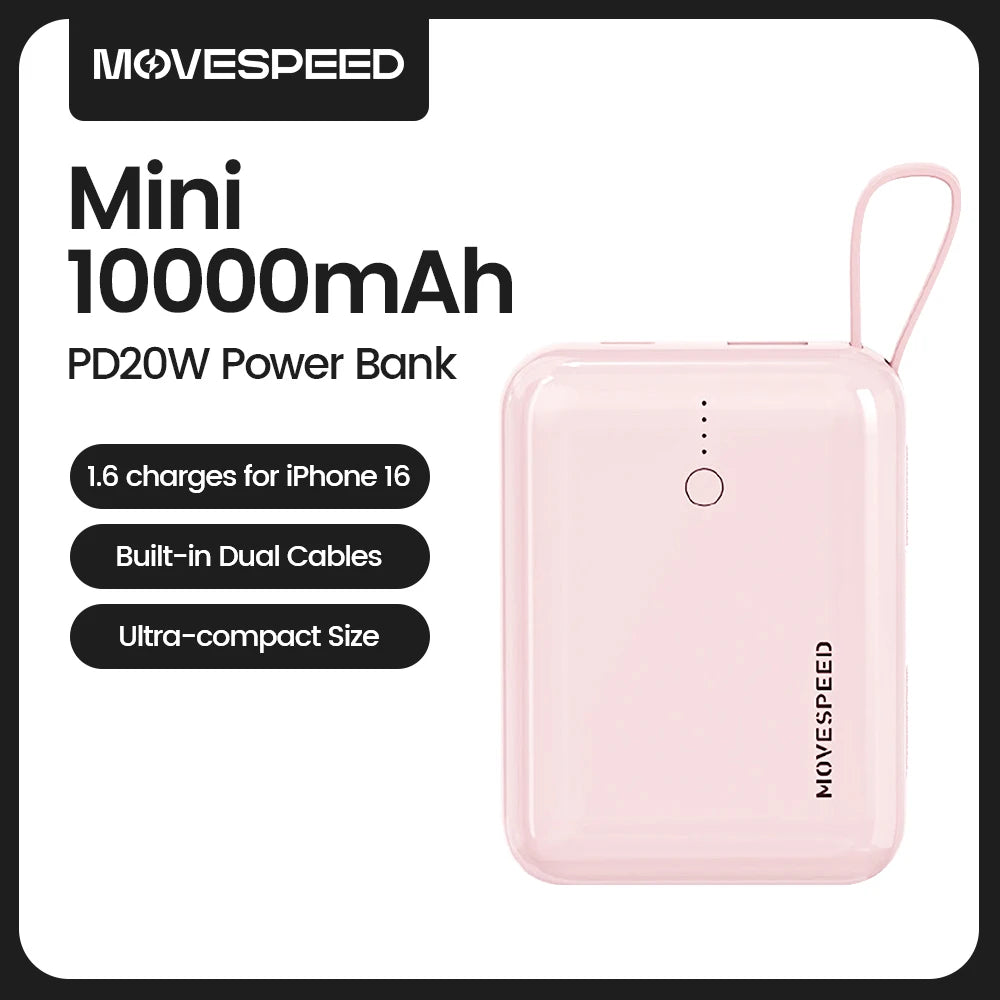 MOVESPEED Q10Plus 20W Power Bank 10000mAh Bateri Luaran Mudah Alih dengan Kabel Cas Cepat Mini Powerbank untuk iPhone 16 Samsung