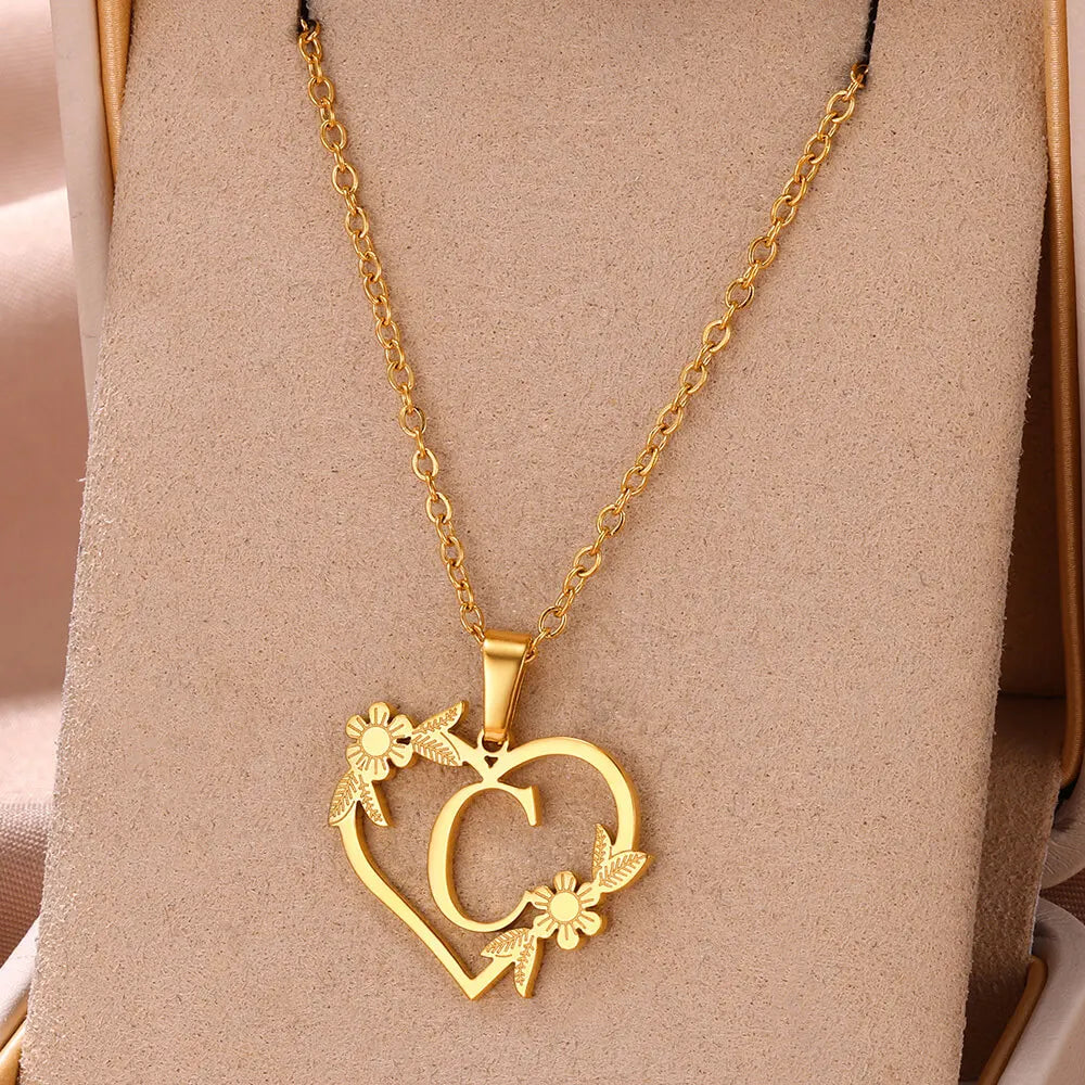 Gold Color Dainty Flower Initials Necklace Women Girl Stainless Steel Heart Letter Choker Necklace Best Gifts Alphabet Jewelry