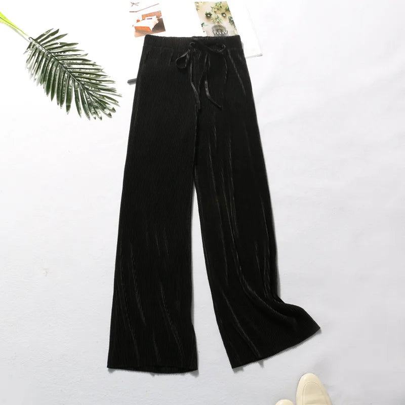 Musim Bunga dan Musim Panas Seluar Kaki Lebar Berlipat Baru Pinggang Tinggi Gantung Seluar Kasual Longgar Chiffon Ice Silk Seluar Sembilan minit