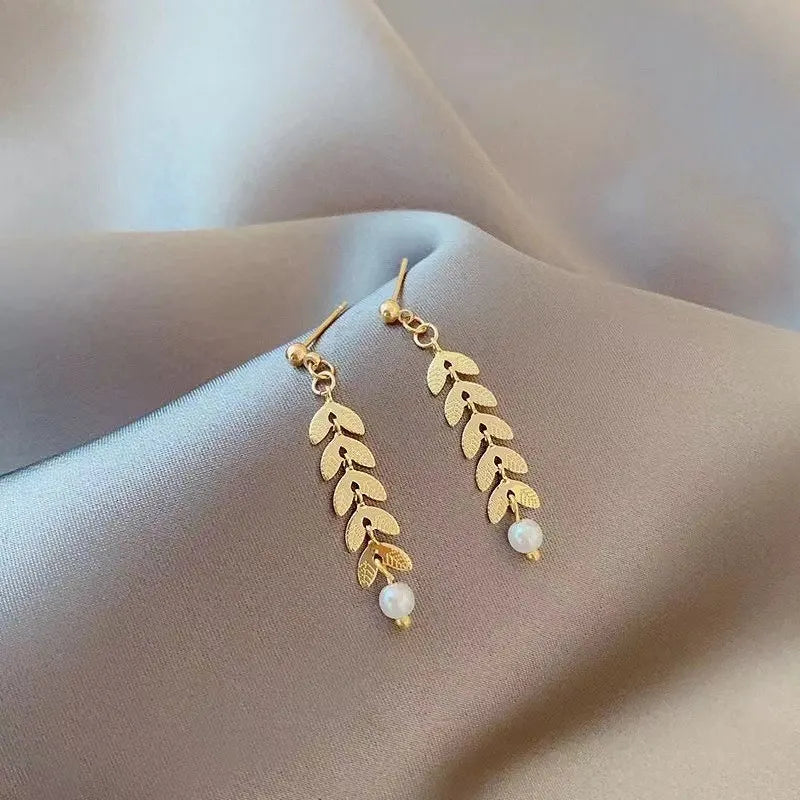 New Simple Wheat Ear Pearl Bracelet Necklace Earrings Jewelry Set for Women Temperament Lucky Gold Color Bracelet Charm Jewelry