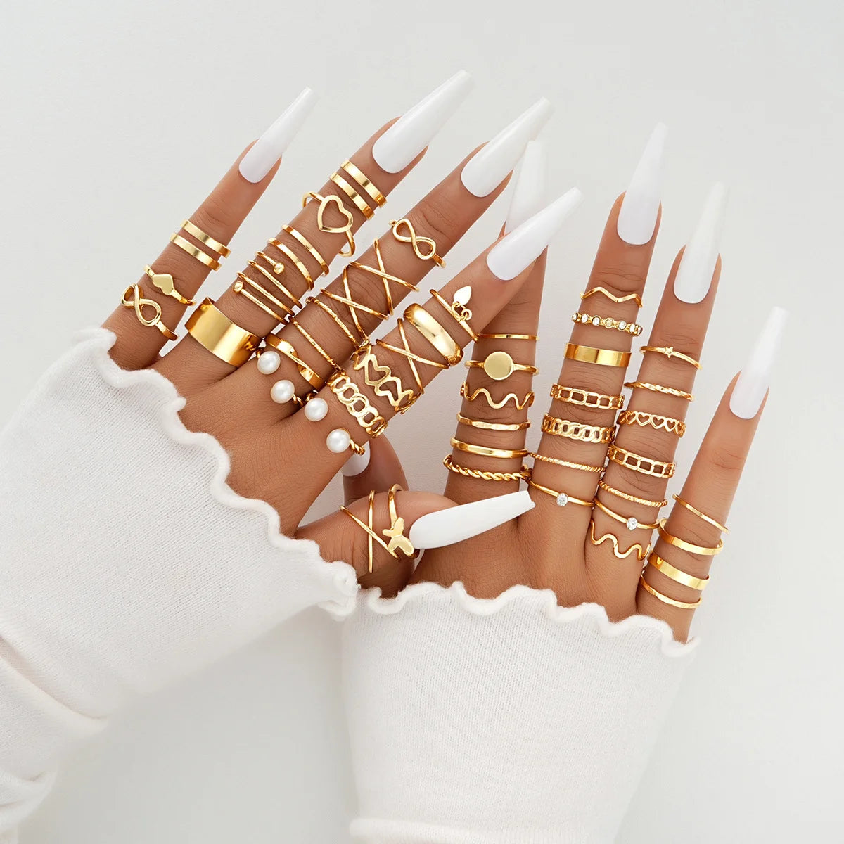 47Pcs/Set Vintage Gold Color Heart Rings Set For Women Men Hollow Butterfly Pearl Crystal Geometric Rings Trendy Finger Jewelry