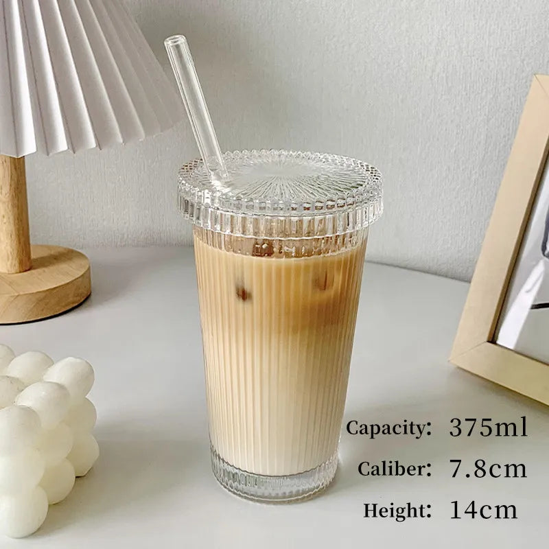 370ml Simple Stripe Coffee Glass Cup With Lid and Straw Transparent Bubble Tea Cup Juice Glass Milk Mocha Cups Breakfast Mug