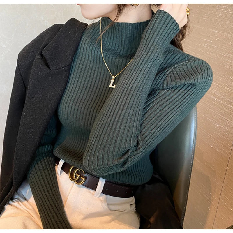 Atasan Rajutan Asas Pepejal Elegan Sweater Turtlneck Wanita Lengan Panjang Pullover Ramping Kasual Fesyen Korea Pakaian Bergaya Mudah