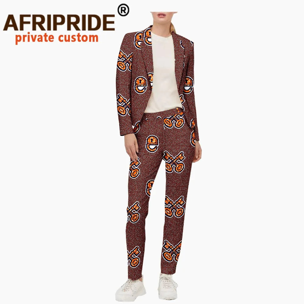 Set 2 Keping Afrika untuk Wanita Jaket Cetak dan Sut Seluar Ankara Pakaian Dashiki Kot Pendek Blazer Pakaian Slim Fit A2026003
