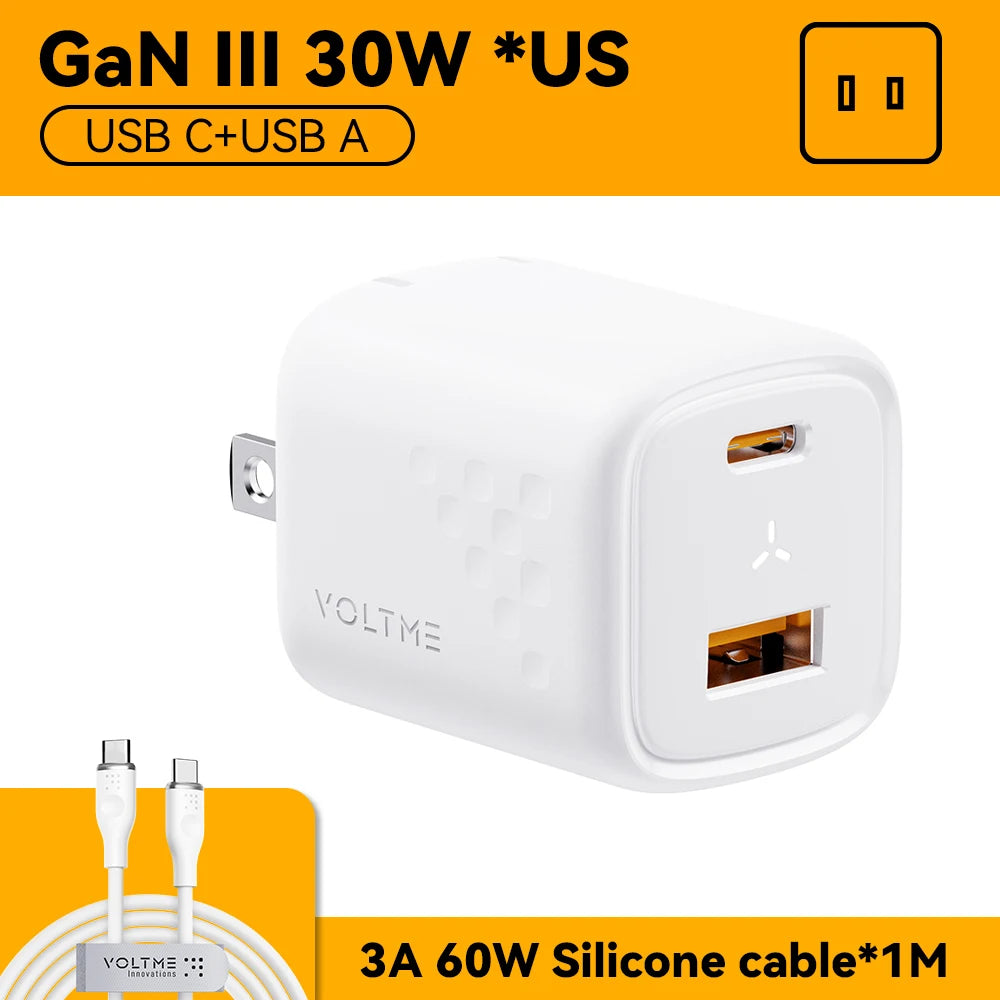VOLTME USB C Pengecas Pantas 30W Pengecas GaN QC PD 3.0 Penyesuai Mudah Alih Dwi Port Untuk IPhone 13 12 IPad Pengecas Dinding Cepat Xiaomi
