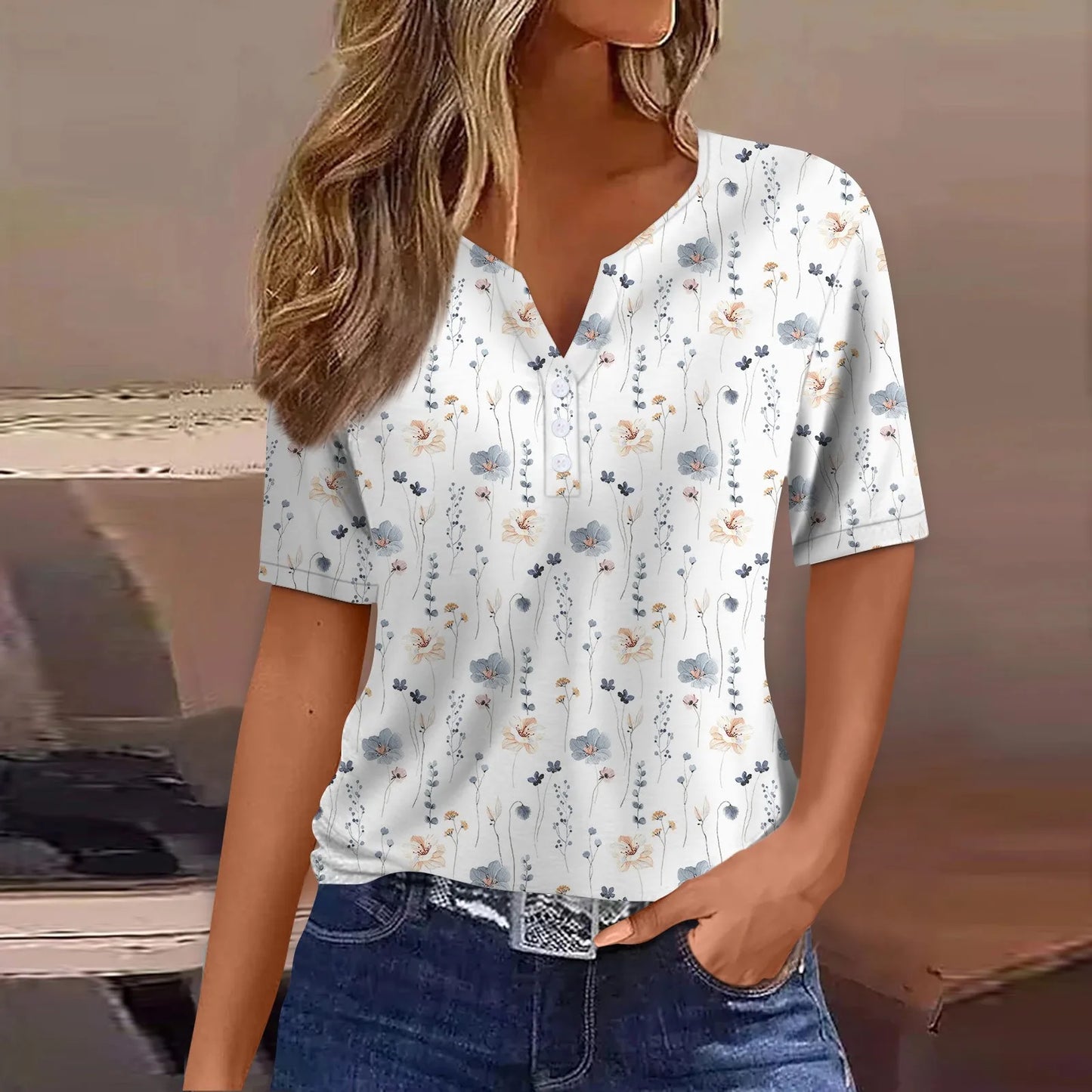 2024 Wanita Musim Panas Kasual T-shirt Fesyen Bercetak Harajuku Top Tees Streetwear Butang Asas Lengan Pendek V-Neck Tops Plus Saiz