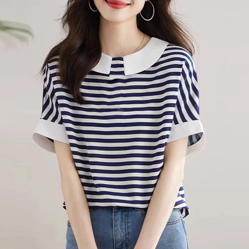 ZANZEA Women Plaid T-shirts Korean Doll Collar Simple Tees 2024 Summer Short Sleeve Tops Casual Colorblock Drop Shoulder Tunics