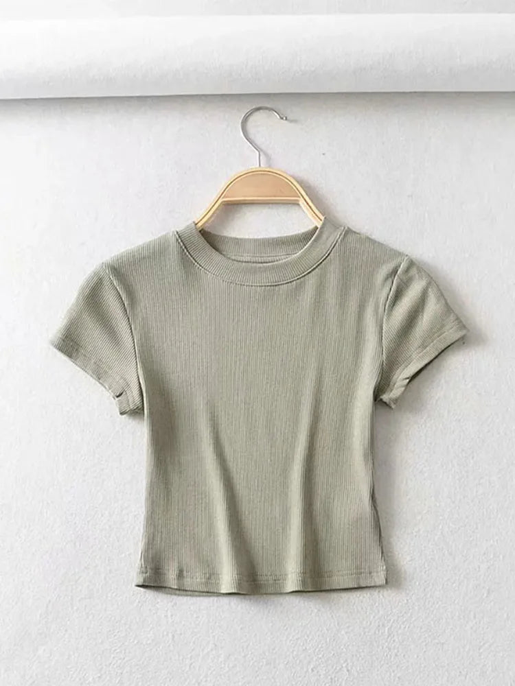 Musim Panas Wanita Seksi O-leher lengan pendek T-shirt Slim Elastik Kurus Atasan Tanaman